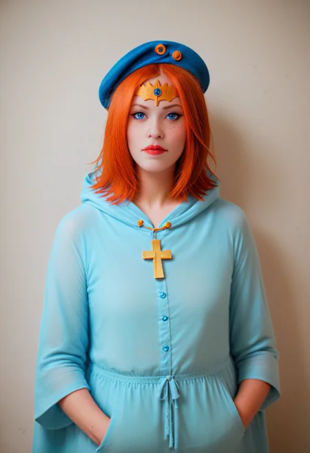 Portrait, score_9, score_8_up, score_7_up, score_6_up, score_5_up, score_4_up,
<lora:AlienorXL:0.8> AlienorXL, solo,
1girl, redhair, freckles, <lora:PerfectEyesXL:0.8> perfecteyes, blue eyes,  Sheer lipstick, Linen romper, Hooded cape, Beret,Tiara, , , Jealousy expression, Standing with Hands in Pockets and Head Tilted, Celestial realms in heroic fantasy aesthetic, Documentary lighting,POV , Cross-Coloring Saturation, <lora:Photo 2 Style SDXL_LoRA_Pony Diffusion V6 XL:0.8> raw, photo, realistic,  <lora:add-detail-xl:1> <lora:EnvyBetterHiresFixXL01:1> <lora:RMSDXL_Creative:1> <lora:xl_more_art-full_v1:0.8>