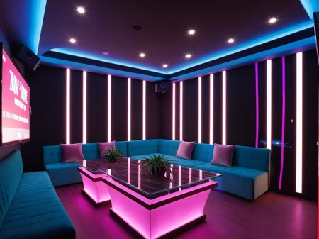 <lora:JJsKaraokeRoom_XL:1>,((Karaoke Room)), dramatic lighting, Masterpiece, high quality, best quality, authentic, super detail , high quality, ceiling light , plant,no humans, . night, highly detailed, neon lighting, screen, sofa, table,