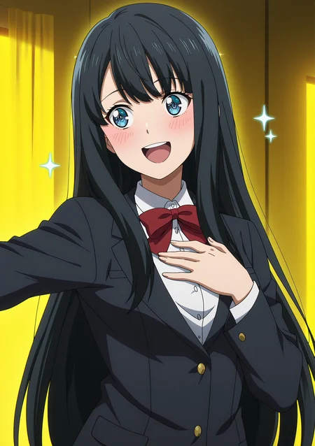 volumetric lighting, official style, amazing quality, ultra detailed, highres, detailed background,anime coloring, (anime screencap) masterpiece, detailed face,1girl<lora:Suzune_Inukami__:0.8>Suzune_Inukami, long hair, solo, blue eyes, open mouth, black hair, smile, school uniform, jacket, bow, shirt, white shirt, bowtie, blush, red bow, upper body, long sleeves, outstretched arm, blazer, red bowtie, black jacket, :d, bangs, hand on own chest, collared shirt, yellow background, sparkle, very long hair, red ribbon, ribbon