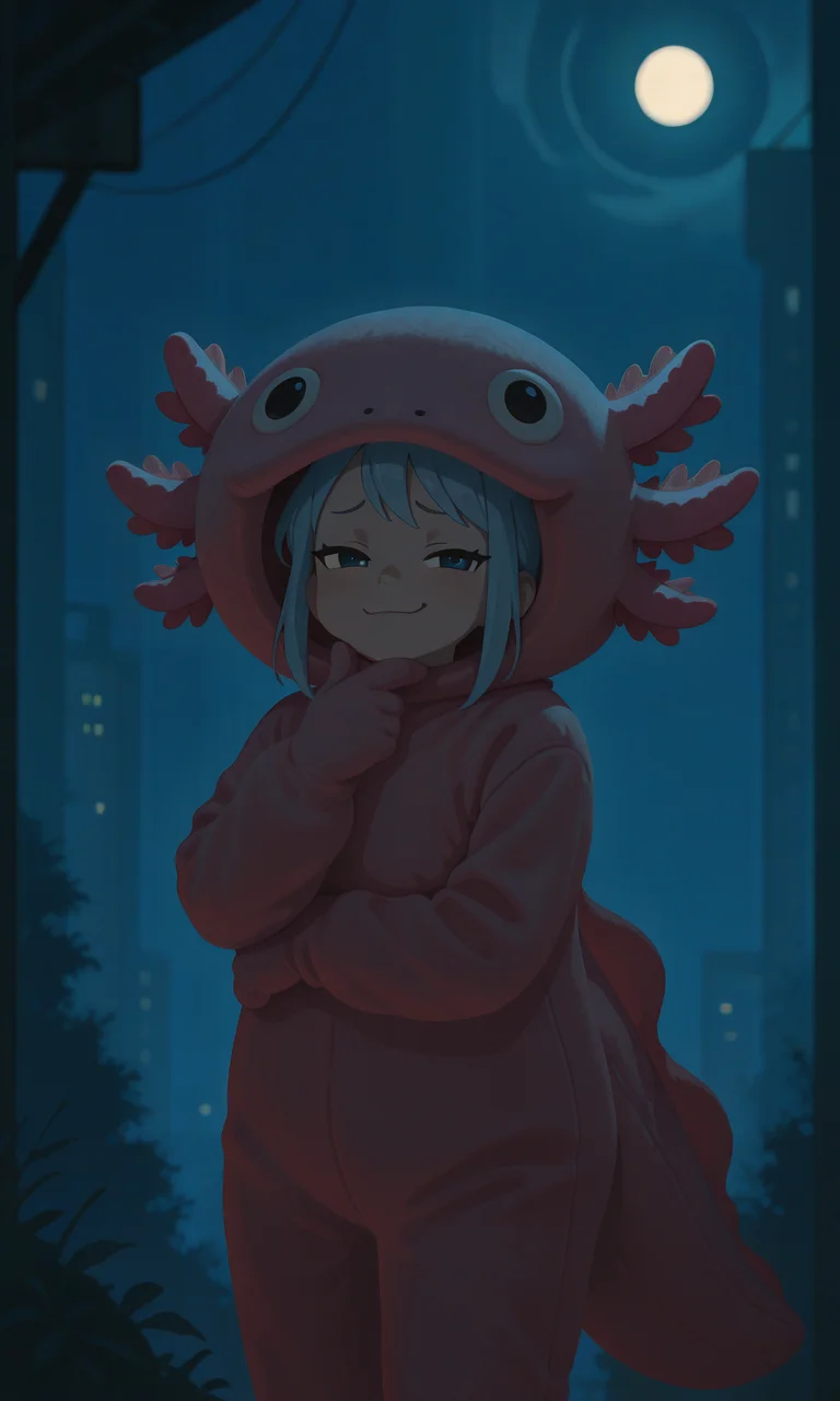 embedding:IllusP0s, g00se, no lineart, axolotl costume, 1girl, solo, smug, stroking own chin, outdoors, night, jett_\(valorant\)<lora:g00se_v3_ill.safetensors:1.0:1.0> <lora:axolotl costume_illustrious.safetensors:1:1>
