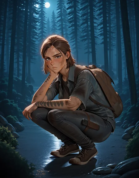 masterpiece,best quality, dramatic lighting, dimly lit, poor lighting, night, moonlight,1girl, solo, EllieLOU, brown hair, jeans, denim jacket, shirt, shoes, backpack, medium hair, hazel eyes, eyebrow slit, crouching, resting arm on knee, looking at viewer, dirty, serious expression, freckles, tattoo, forearm tattoo, thigh holster,depth of field, blurry background, forest, trees, bushes, rocks,