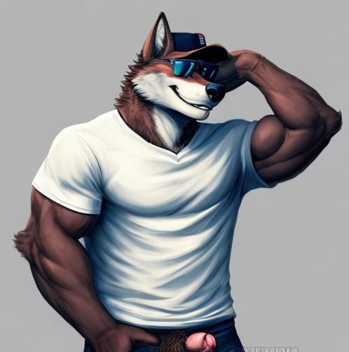 solo, looking at viewer, smile, short hair, 1boy, hat, animal ears, tail, ass, male focus, thighs, penis, looking back, hood, from behind, english text, uncensored, hoodie, muscular, anus, feet out of frame, bottomless, thick thighs, testicles, wolf ears, pectorals, muscular male, bara, baseball cap, wolf tail, furry, ass grab, ass focus, naked shirt, furry male, presenting, grabbing own ass, spread ass, dog boy, wolf boy