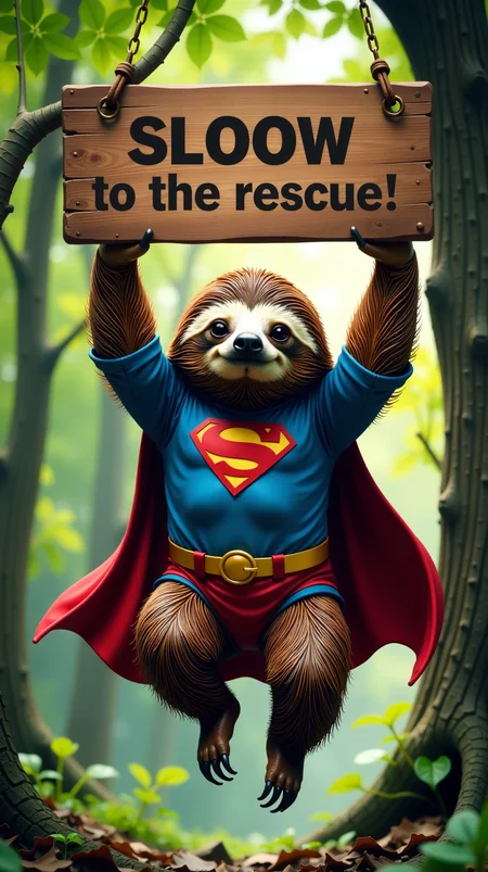A sloth in a superhero suit, hanging from a tree,Above it is a sign that reads "Sloooow to the rescue!" ,in the style of Jed-clrfl <lora:Flux DetailerV2:1>