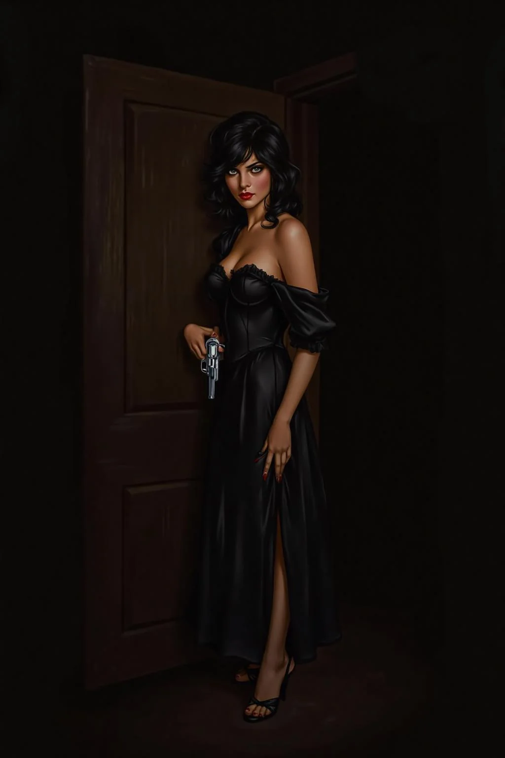 a1bertova illustration.
a mysterious woman with dark, wavy hair and piercing eyes stands in the shadows of a dimly lit room. She is holding a small revolver with a delicate yet firm grip. Her red lipstick is the only color that stands out in the darkness, her intentions unclear but dangerous. <lora:albertova1_cap_d6a3e11:0.8><lora:820979713263541911:0>