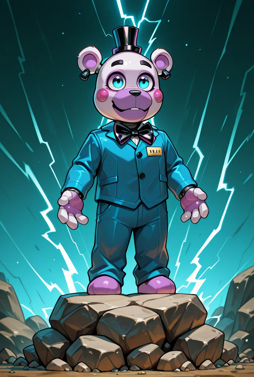 <lora:helpi-10:1> helpi, solo, top hat, bowtie, animal ears, mini hat, furry, . teddy, animatronic, robot, toy , blue suit, lightning symbol, ear rings, rock symbol, masterpiece, best quality, amazing quality, very aesthetic, absurdres, newest,