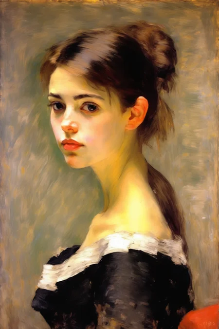 <lora:William Merritt Chase Style:1>William Merritt Chase Style - portrait of a young beautiful woman, oilpainting with Palette knife