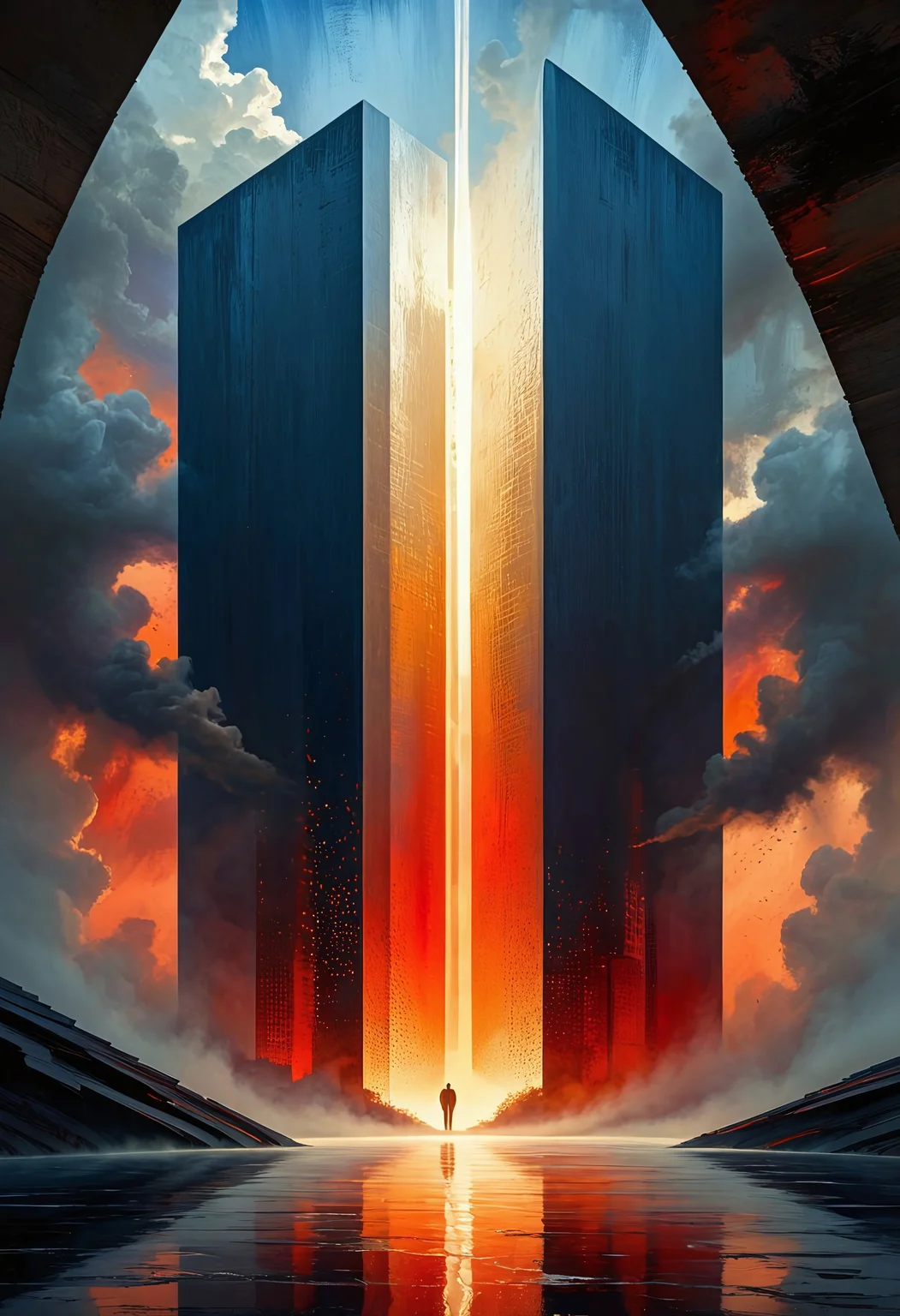 Abstract illustration, surreal fractured landscape, twilight sky with deep indigo to fiery orange gradient, towering geometric shapes resembling shattered glass and steel beams, inner light glowing within structures, dark polished surface reflecting light, ethereal swirling fog in muted purples and blues, vibrant golds and reds in the distance, bursts of light and shadow creating dynamic contrast, white beam of light piercing the sky symbolizing memory and hope, abstract expressionism and digital futurism hybrid, bold colors with intense reds, blacks, golds, and silver, light casting long stretched shadows, broad sweeping brushstroke textures enhanced with digital precision, mist swirling at the base of the scene, radiant sky evoking reflection and honor, powerful and dramatic atmosphere, emotional tribute to 9/11 without banality or figures.