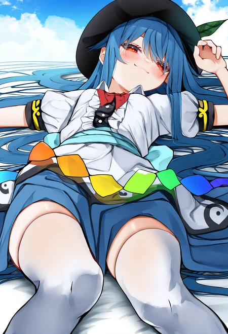 1girl, hinanawi tenshi,
solo, long hair, red eyes, blue hair, lying, black headwear, skirt, blue skirt, short sleeves, shirt, white shirt, hat, thighhighs, looking at viewer, blue theme, food, closed mouth, fruit, sky, cloud, puffy sleeves, puffy short sleeves, center frills, white thighhighs, frills, breasts, on back, peach, collared shirt, blush, small breasts, feet out of frame, leaf, blue sky, smile, very long hair,
.
masterpiece, best quality, very aesthetic, absurdres
<lora:ããããã¤ãfornoob:0.95>