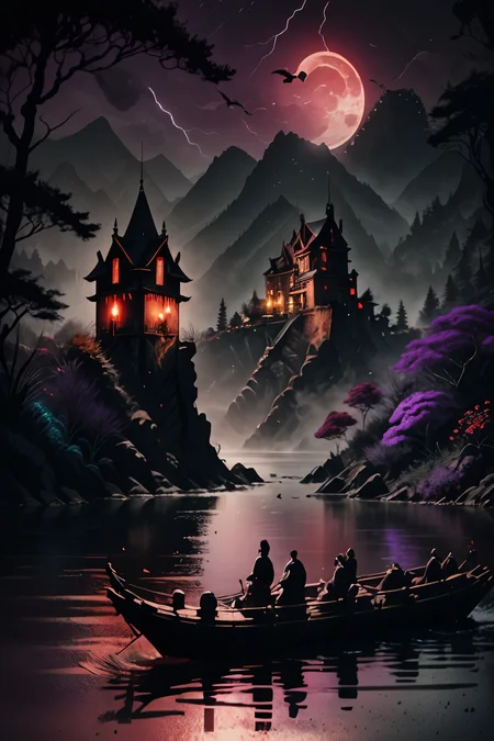 <lora:Calligraphy-ink-style-darquelilly-v1:1> calligraphyinkstyle, A medival vampire castle on a tower, surrounded by black and red roses that cover the entire landscape below the castle,mysterious magical atmosphere, volumetric lighting, night time, moonlight reflects in the water, black background, bats fly to the moon, everything is shrouded in violet mist, detail colour is purple, very dark lightning, <lora:dAIversity-LoRAtest-Photoreal-SD15-01:0.7>