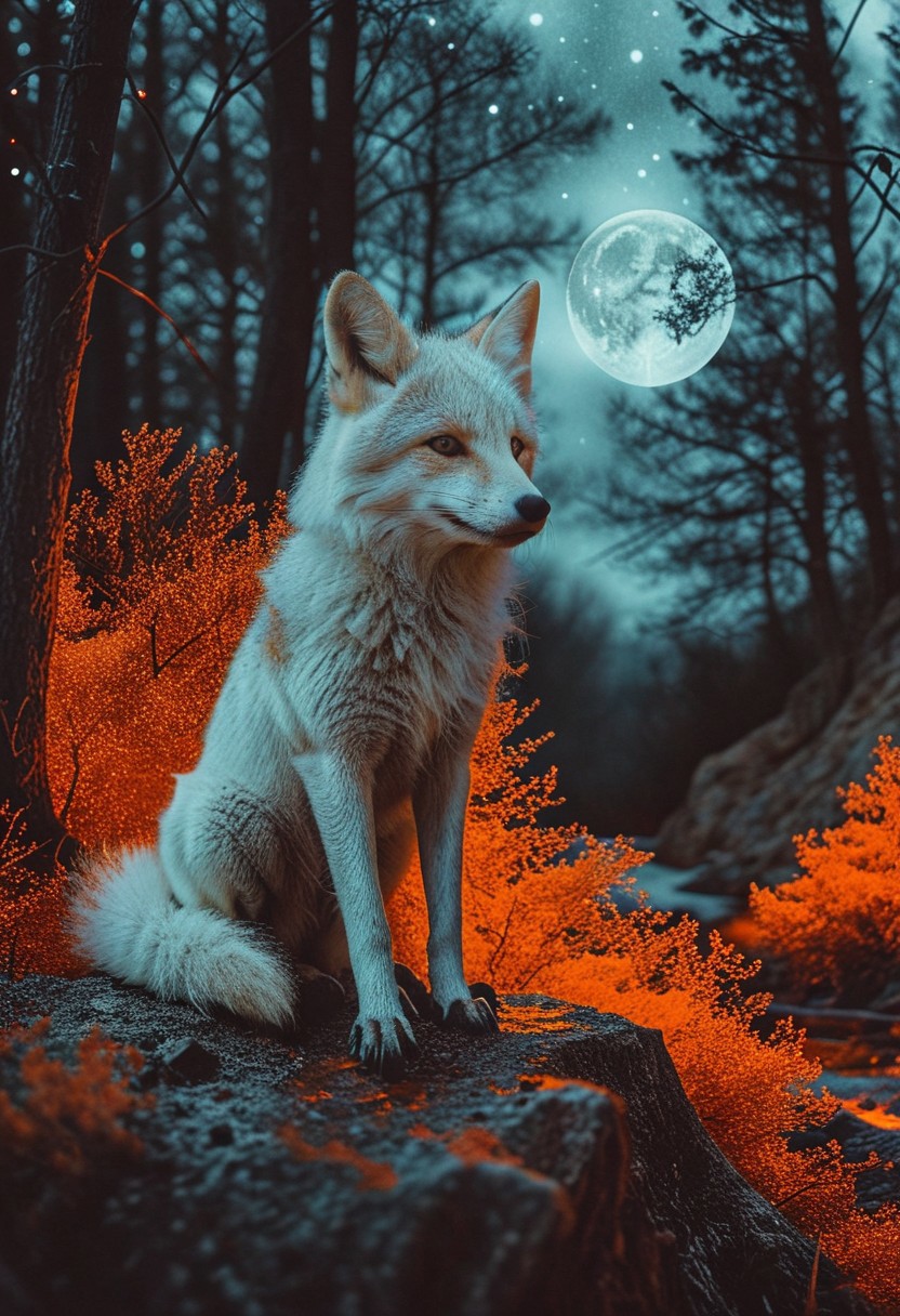 linquivera,  Ink illustration, amber tones, aged black red paper, inkpunk, moonlight, surreal, moonlit, gigantic white fox, forest, mystical, OverallDetail, extremely detailed, UHD, (long exposure, dystopian but extremely beautiful:1.4)