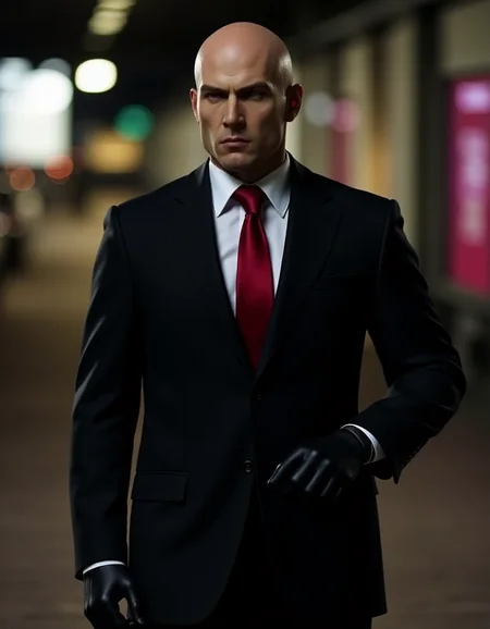 <lora:Hitman (World of Assassination)_epoch_5:1>, a bald man wearing a black suit with a red necktie,white shirt,black gloves,black pants,black shoes,a hitman,city,