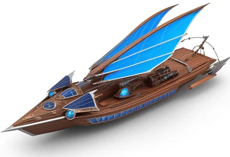 lumenarium, flying ship at space, big sail like solar panels, stary sky, aether nebulas, realistic, wooden hull with metal elements, blue glowing energy sail:2 , silver metal, guns on board, hight tech, steampunk, wings like solar panels