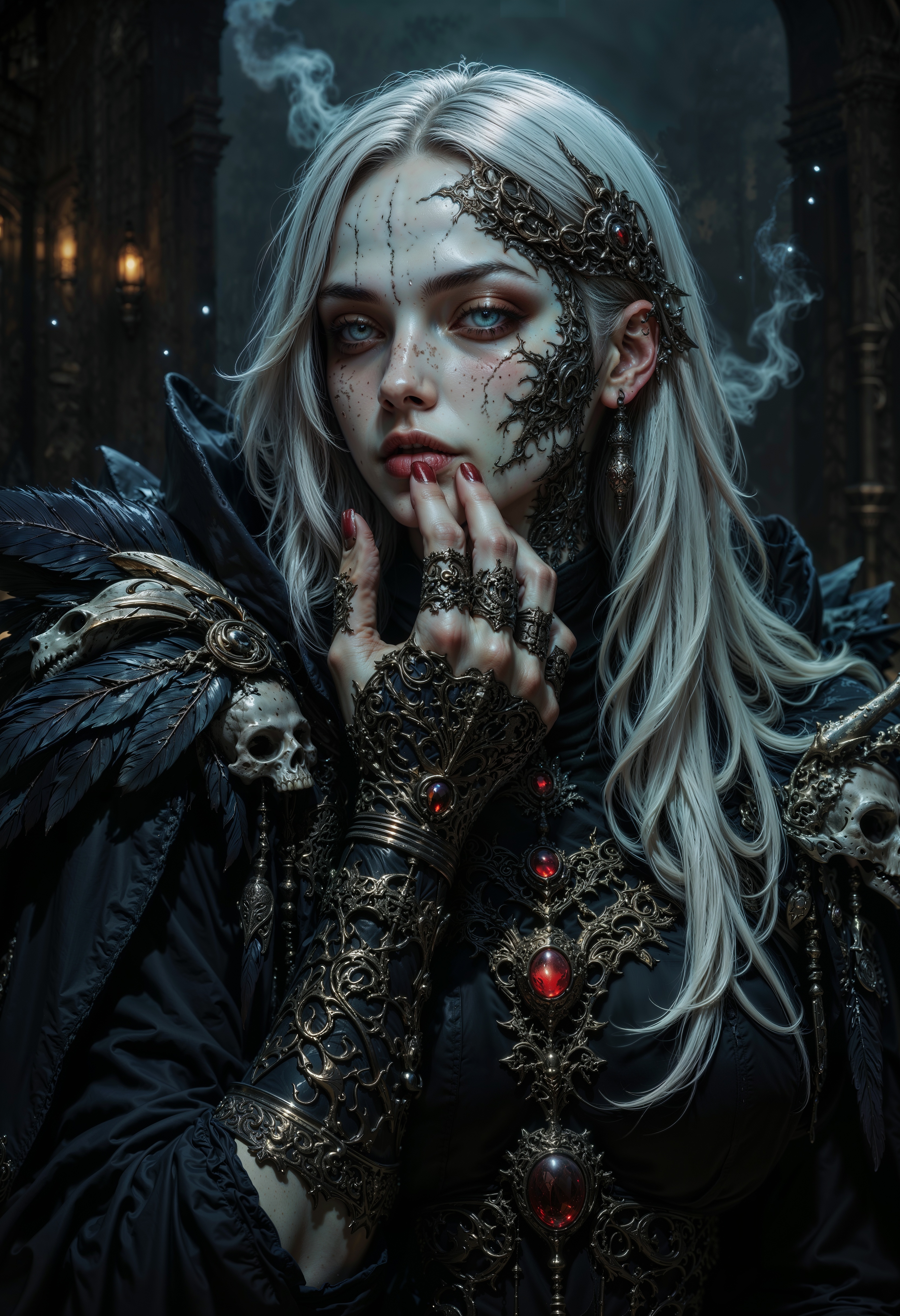 The image showcases a cursed oracle, her weathered hand delicately tracing the lines of her own jaw. Her lips, cracked and ashen, carry a hint of once-vibrant life now faded by time and dark magic. Her fingers are thin, each joint wrapped in tarnished bronze rings engraved with arcane symbols, glowing faintly with the curse that binds her. A large, serpent-shaped tattoo coils from the back of her hand to her wrist, its eyes flashing red as though alive. Her eyes, one pale and the other blood-red, stare ahead, as if seeing both this world and another. Long silver strands of hair frame her face, while a single raven feather dangles from her ear. She wears a tattered black cloak, adorned with crumbling feathers and bone charms. The dim, smoky background hums with the sounds of distant whispers, filling the air with eerie dread.