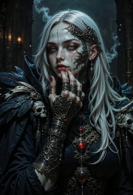 The image showcases a cursed oracle, her weathered hand delicately tracing the lines of her own jaw. Her lips, cracked and ashen, carry a hint of once-vibrant life now faded by time and dark magic. Her fingers are thin, each joint wrapped in tarnished bronze rings engraved with arcane symbols, glowing faintly with the curse that binds her. A large, serpent-shaped tattoo coils from the back of her hand to her wrist, its eyes flashing red as though alive. Her eyes, one pale and the other blood-red, stare ahead, as if seeing both this world and another. Long silver strands of hair frame her face, while a single raven feather dangles from her ear. She wears a tattered black cloak, adorned with crumbling feathers and bone charms. The dim, smoky background hums with the sounds of distant whispers, filling the air with eerie dread.