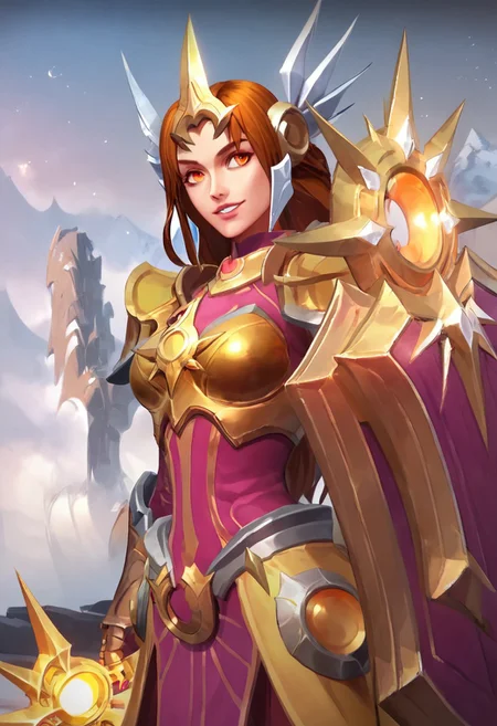 masterpiece, best quality, highly detailed, score_9, score_8_up, Leona, 1girl, sunny, brown hair, orange eyes, long hair, day, weapon, armor, breasts, parted lips, orange armor, crown, hair accessories, smile, sword, shield, upper body, <lora:Base_Leona_LoL_PonySDXL:0.8>