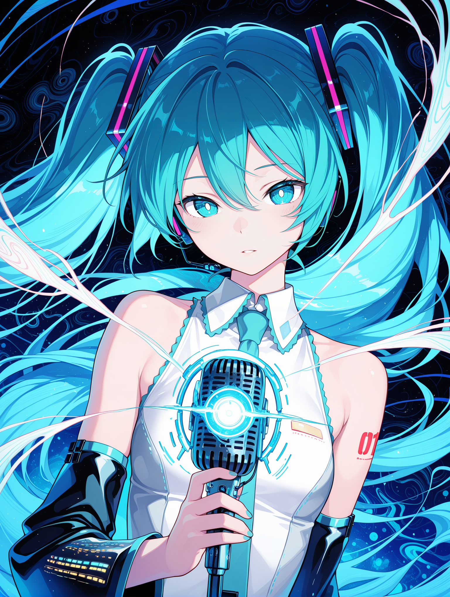 1girl, hatsune miku, white pupils, power elements, microphone, vibrant blue color palette, abstract,abstract background, dreamlike atmosphere, delicate linework, wind-swept hair, energy
,masterpiece,best quality,amazing quality,