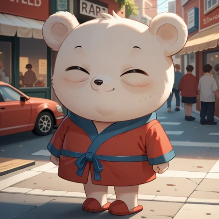 score_9, score_8_up, score_7_up, score_6_up,score_5_up, score_4_up, <lora:arnold-v1-17:1> darnorld, red bathrope, 1boy, white bear, solo, closed eyes, red slippers, street, long shot, smile, mini person, <lora:hand 4:0.6> Hand, detailed, perfect, perfection, hands