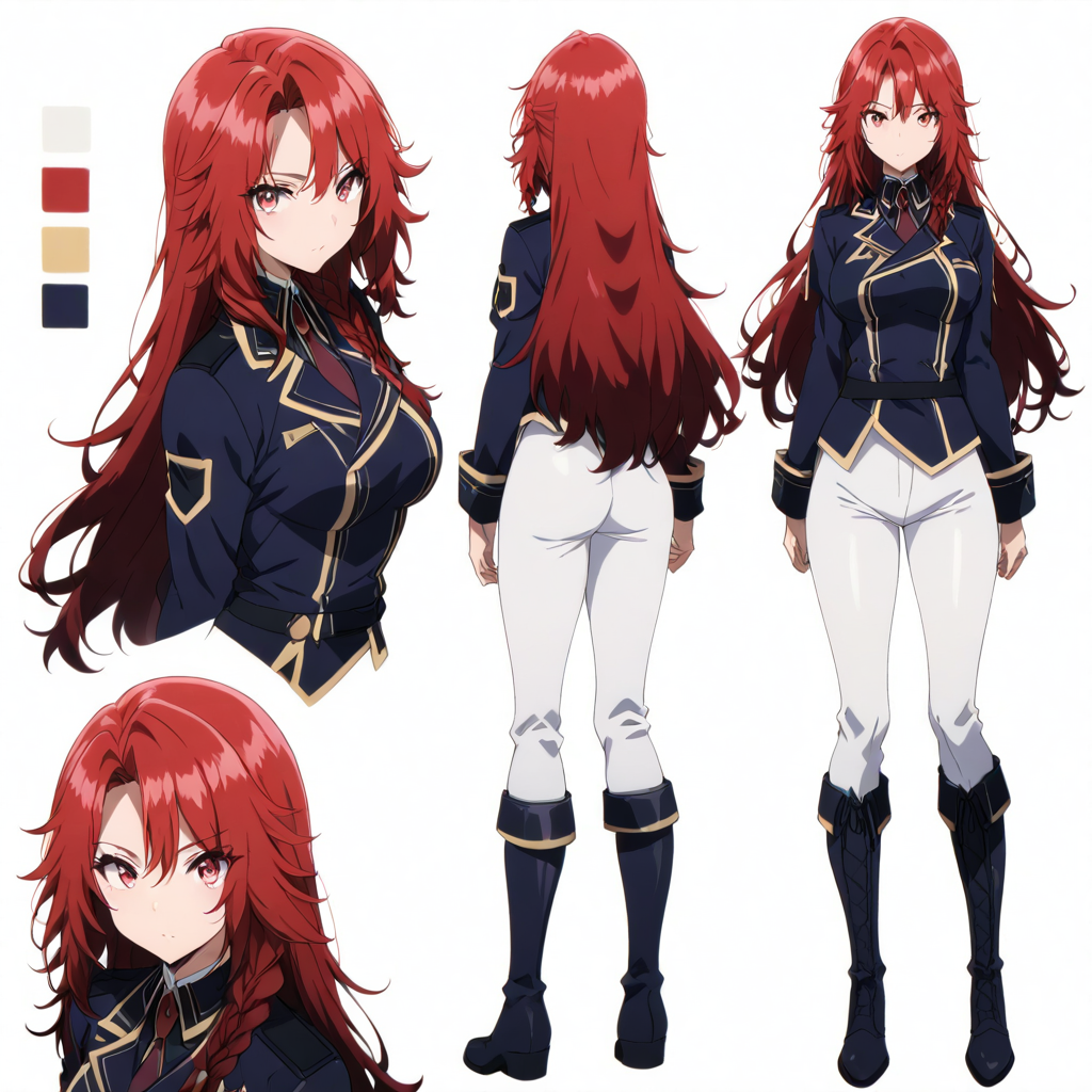 solo,anime coloring,looking at viewer,masterpiece,high score,great score,absurdres,
<lora:character_Sheet_XL:1> character sheet, multiple views,<lora:IrisMidgar ag4o:0.8> iris_midgar, long hair, red hair, braid, red eyes,uniform,white pants,boots,