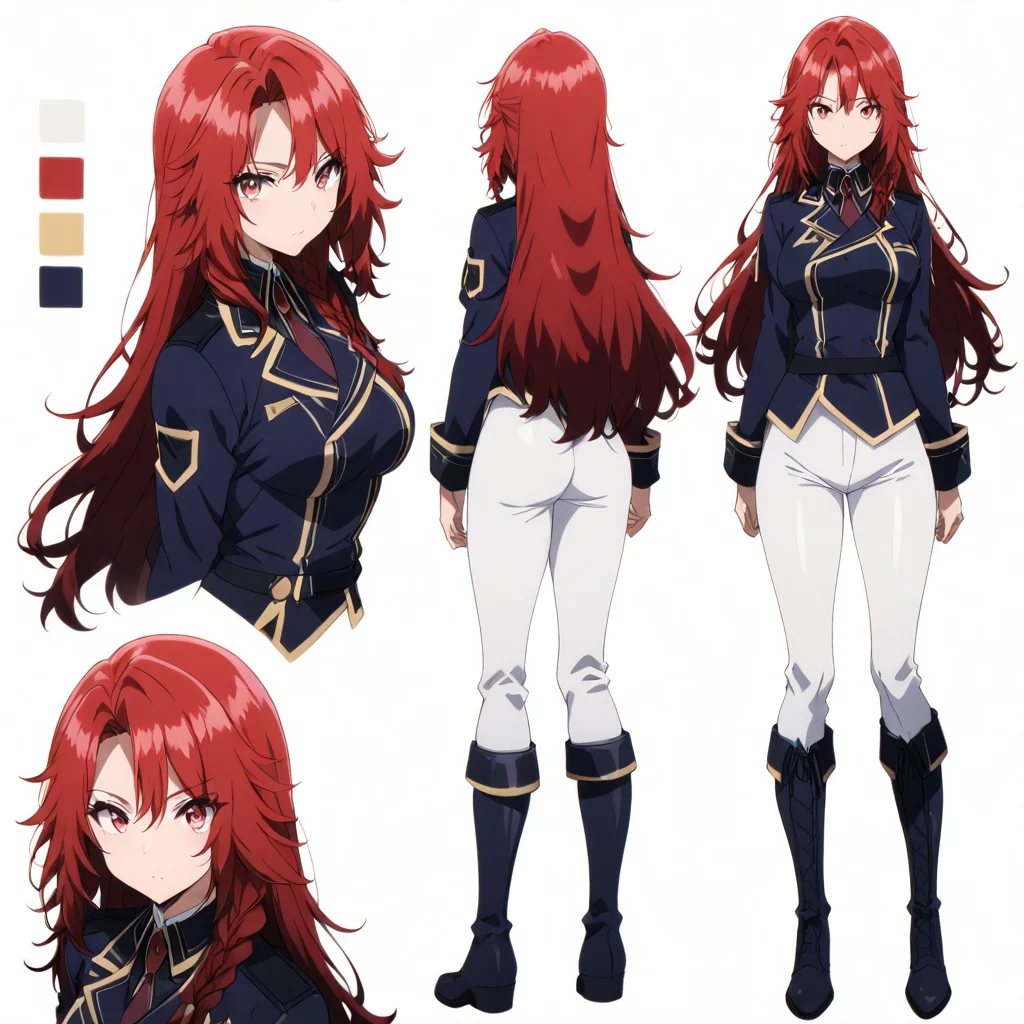 solo,anime coloring,looking at viewer,masterpiece,high score,great score,absurdres,
<lora:character_Sheet_XL:1> character sheet, multiple views,<lora:IrisMidgar ag4o:0.8> iris_midgar, long hair, red hair, braid, red eyes,uniform,white pants,boots,