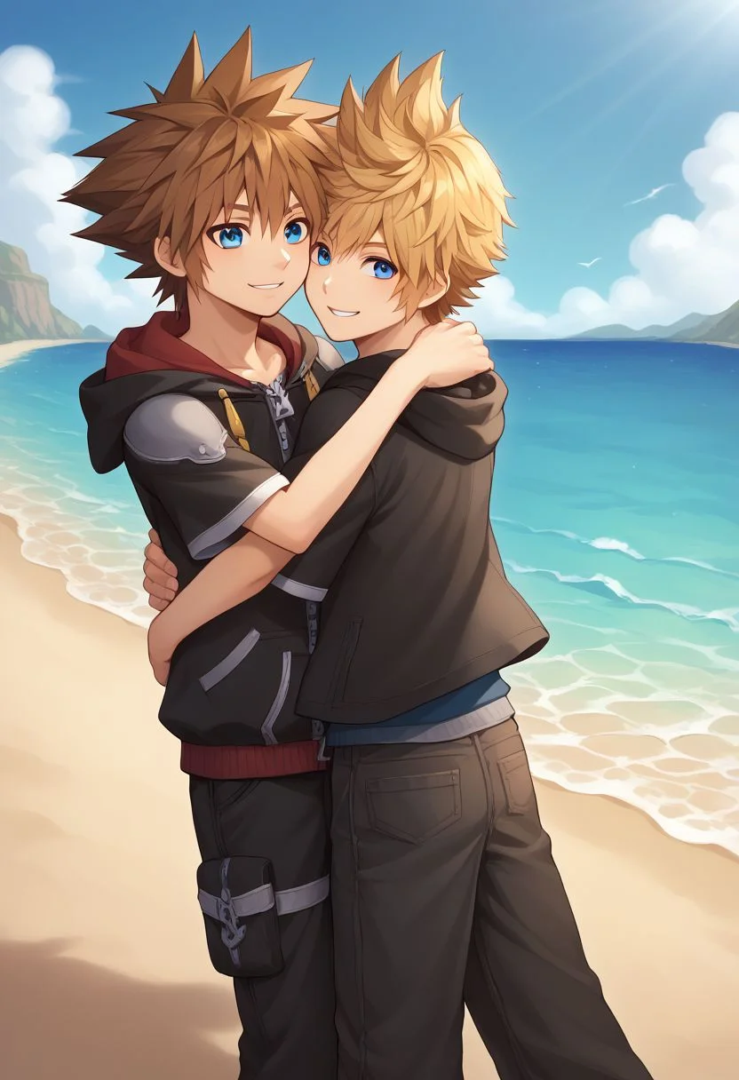 score_9, score_8_up, source_anime, highly detailed, 2boys,
sora, spiked hair, male focus, 1boy, brown hair, blue eyes, zipper, hoodie, BREAK
roxas, 1boy, zipper, male focus, spiked hair, blue eyes, blonde hair, pants, short sleeves, zipper pull tab,
indoor, outdoor, beach, bare foot, hug, smile, foot in water, stand,