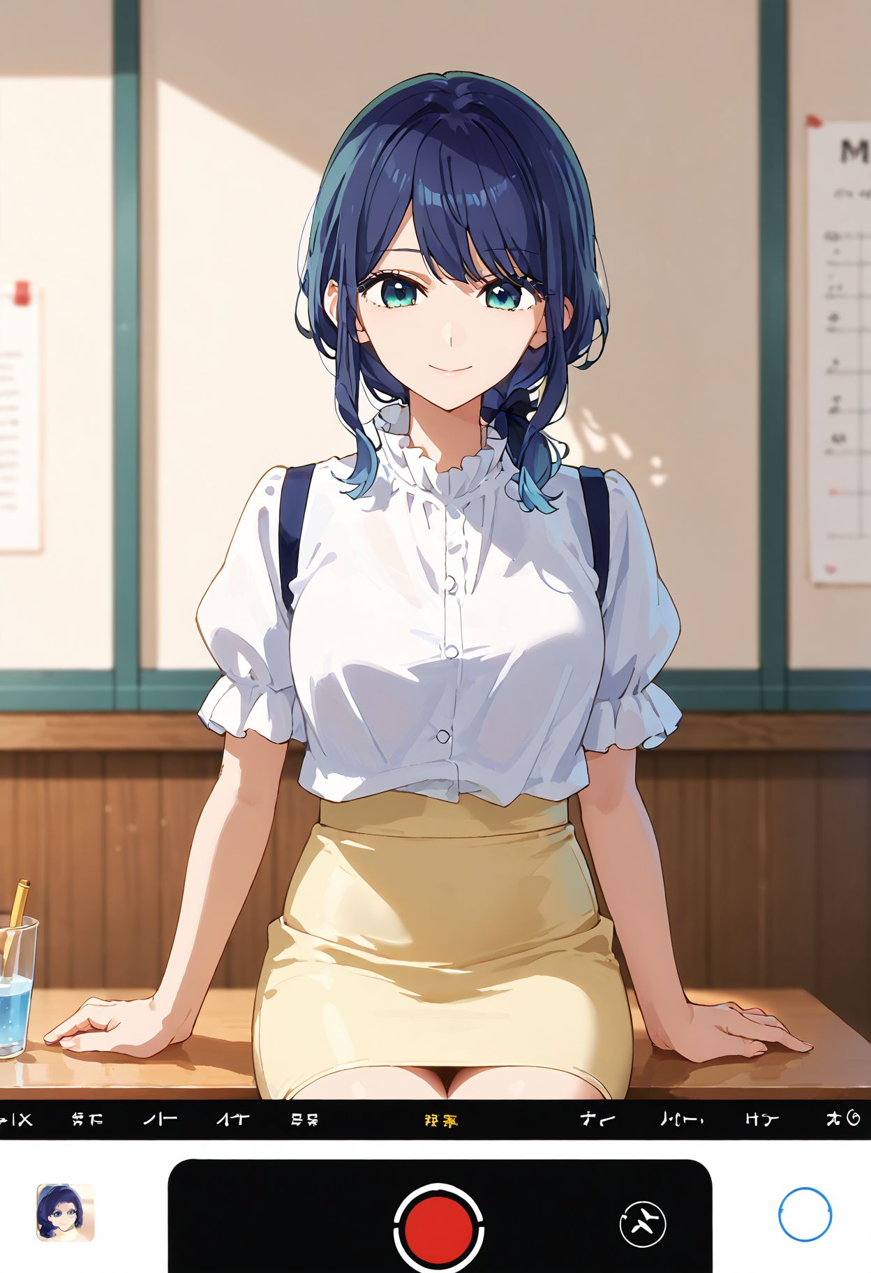 score_9,score_8_up,score_7_up,masterpiece, best quality, <lora:WHM 0.2v:0.5>, WHM, 2D,anime,  
<lora:shiCamViewPortV3:1.2>, (shiiphoneview, fake phone screenshot), 1girl, 
kurokawaakane, pencil skirt,, looking at viewer, short sleeves, smile, blue hair,, aqua eyes, sitting, medium hair, blouse, , bangs, closed mouth, yellow skirt, , puffy short sleeves, frilled sleeves, low ponytail, sidelocks, black bow, hair bow, <lora:kurokawaakane_pony2:0.7>
