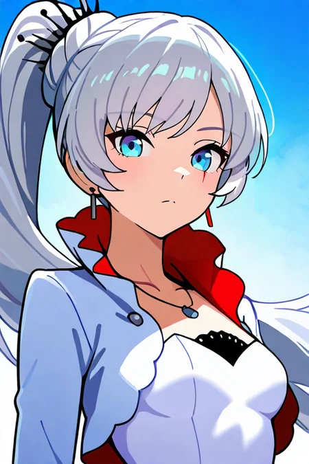 masterpiece, High quality, Ultra detailed, 2d, newest, absurdres, highres, BREAK
1girl, solo, <lora:weiss_schnee:0.8>, weiss_schnee, long hair, ponytail, white hair, blue eyes, scar across eye, earrings, jewelry, necklace, 
small breasts, weissdef, long sleeves, cropped jacket, high collar, white dress, upper body, looking at viewer,