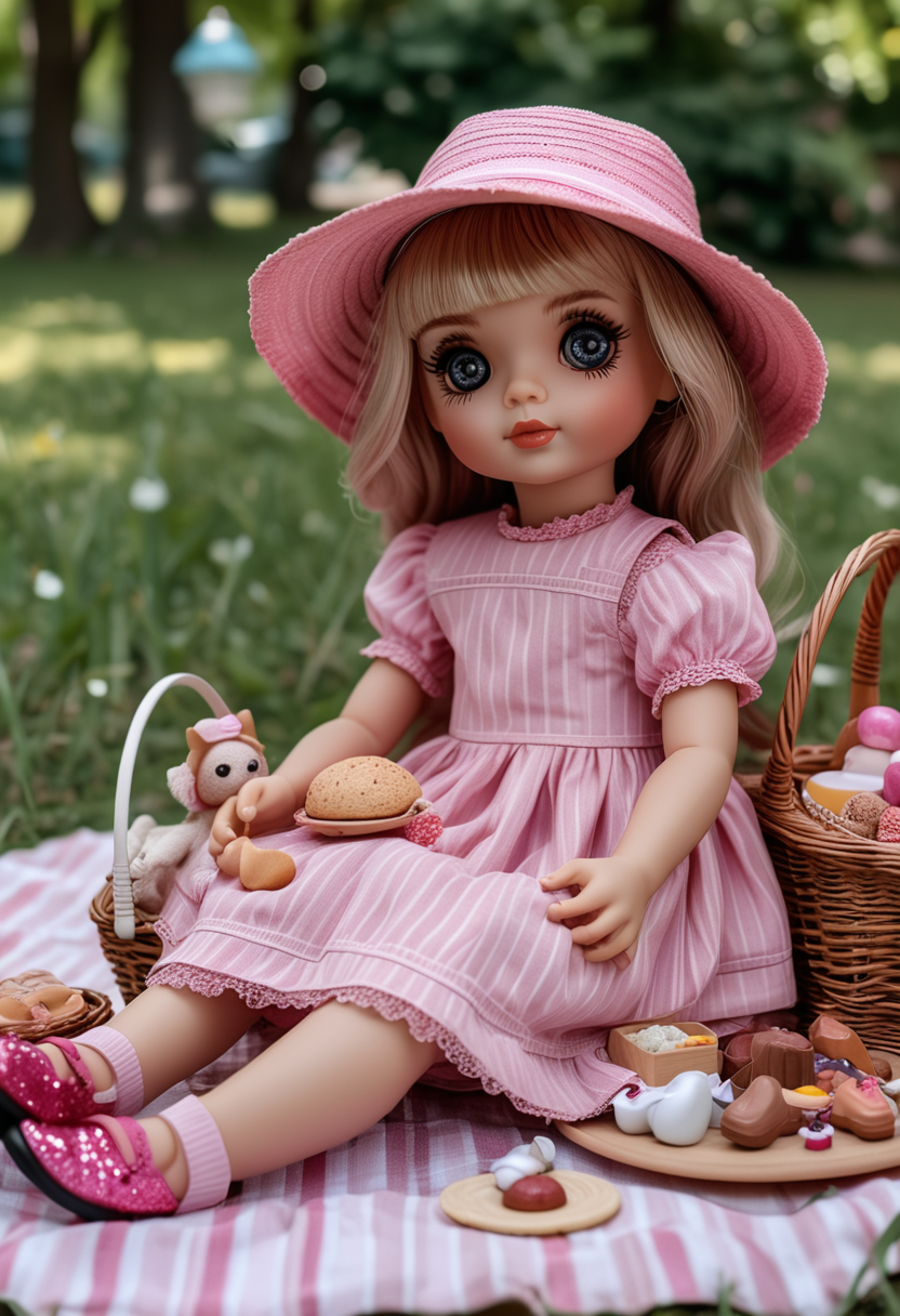 (medium full shot) of (whimsical doll)  dressed in a pink midi dress, striped shoes, glitter eyeshadow, sun hat, playing with toys, located in  a charming picnic, with quaint baskets, tasty treats, adorable toys, a peaceful setting , in the afternoon, ,Masterpiece,best quality, raw photo, realistic, very aesthetic