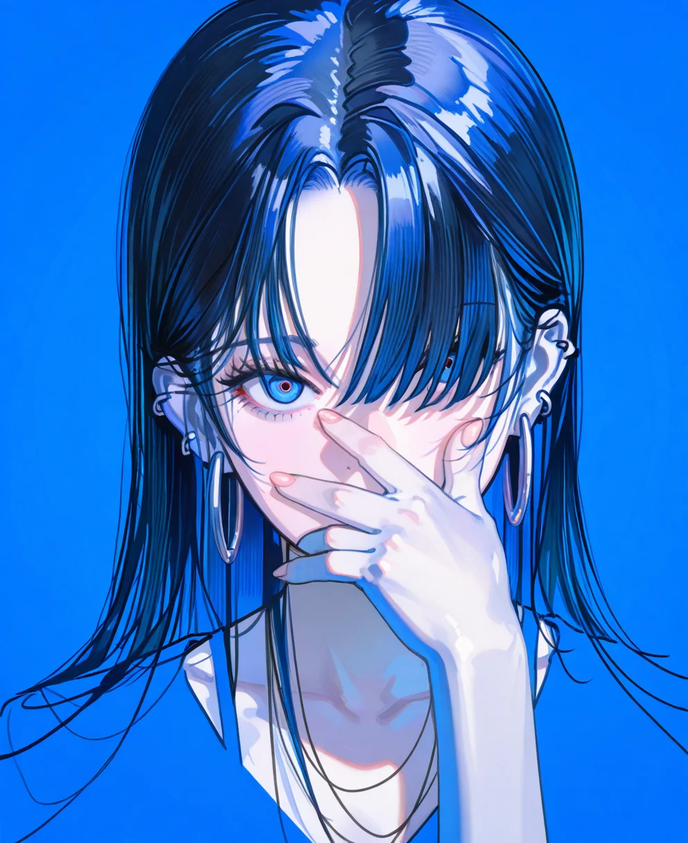 <lora:johnC:1>,
(masterpiece), (best quality), (ultra-detailed), amazing quality, very aesthetic, illustration, perfect composition, intricate details, absurdres, incredibly absurdres, shiny skin, realistic,
john, 1girl, solo, looking at viewer, blue background, earrings, jewelry, blending, portrait, orange , blue eyes, simple background, long hair, , blue hair, piercing, hoop earrings, ear piercing, parted bangs, covering own mouth, blue theme, hair over one eye, black hair, covering face, collarbone, multicolo, long bangs, cropped shoulders, general