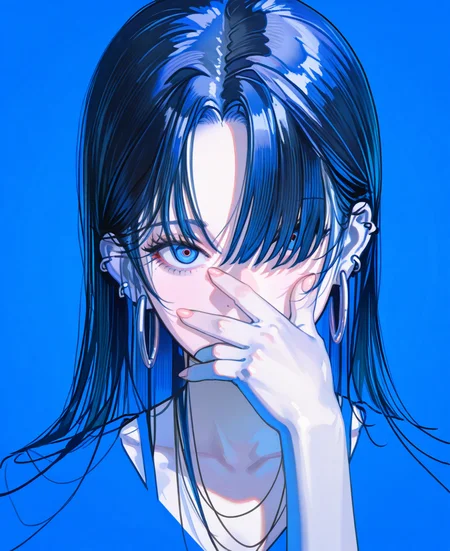 <lora:johnC:1>,
(masterpiece), (best quality), (ultra-detailed), amazing quality, very aesthetic, illustration, perfect composition, intricate details, absurdres, incredibly absurdres, shiny skin, realistic,
 john, 1girl, solo, looking at viewer, blue background, earrings, jewelry, blending, portrait, orange , blue eyes, simple background, long hair, , blue hair, piercing, hoop earrings, ear piercing, parted bangs, covering own mouth, blue theme, hair over one eye, black hair, covering face, collarbone, multicolo, long bangs, cropped shoulders, general