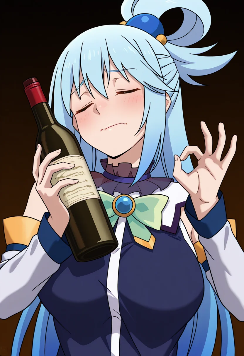 masterpiece, high quality, p4ch4, hands up, ok sign, closed eyes, closed mouth, (facing to the side:1.1), 1girl, solo, aqua from konosuba, upper body, head tilt, holding wine bottle,