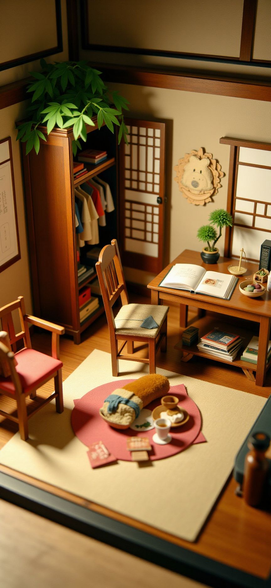 (indoors,indoor,isometric view,side view,tilt-shift lens:2), (in the style of ck-sfc,fna_style,fna_style,a scene from a pop-up,card letter:2), (very huge miniature wardrobe:1.5),(opened wardrobeis filled with  bamboo tree,hinoki onsen with water:2) (on table at study:4) <lora:Fantasy_Novel_Art_Style:1><lora:ck-plastic-models:1> <lora:Pop-up_Book_Papercraft_Plotter_FLUX:1>