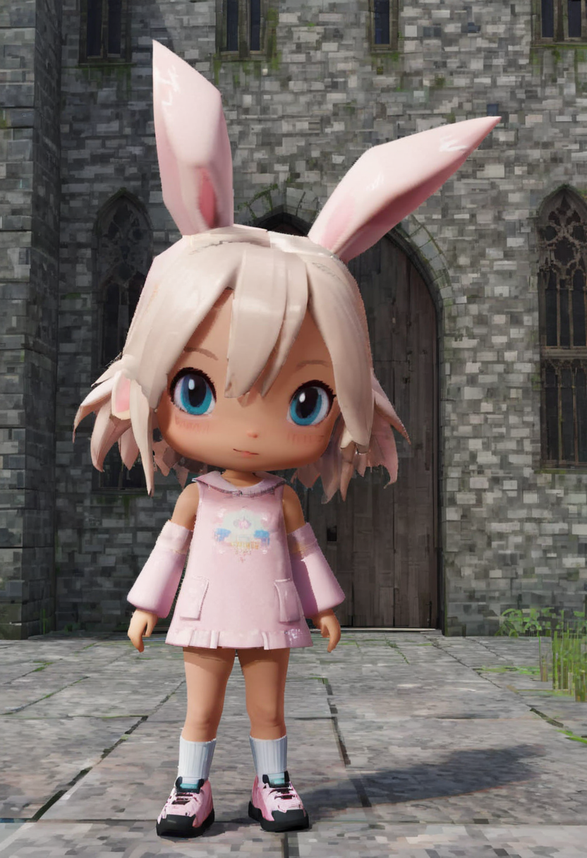 cute stylysed chibi girl character with rabbit ears standing inside a castle court, y2k3dnerdessence <lora:y2k3dnerdessence_v0.0.1:0.8>