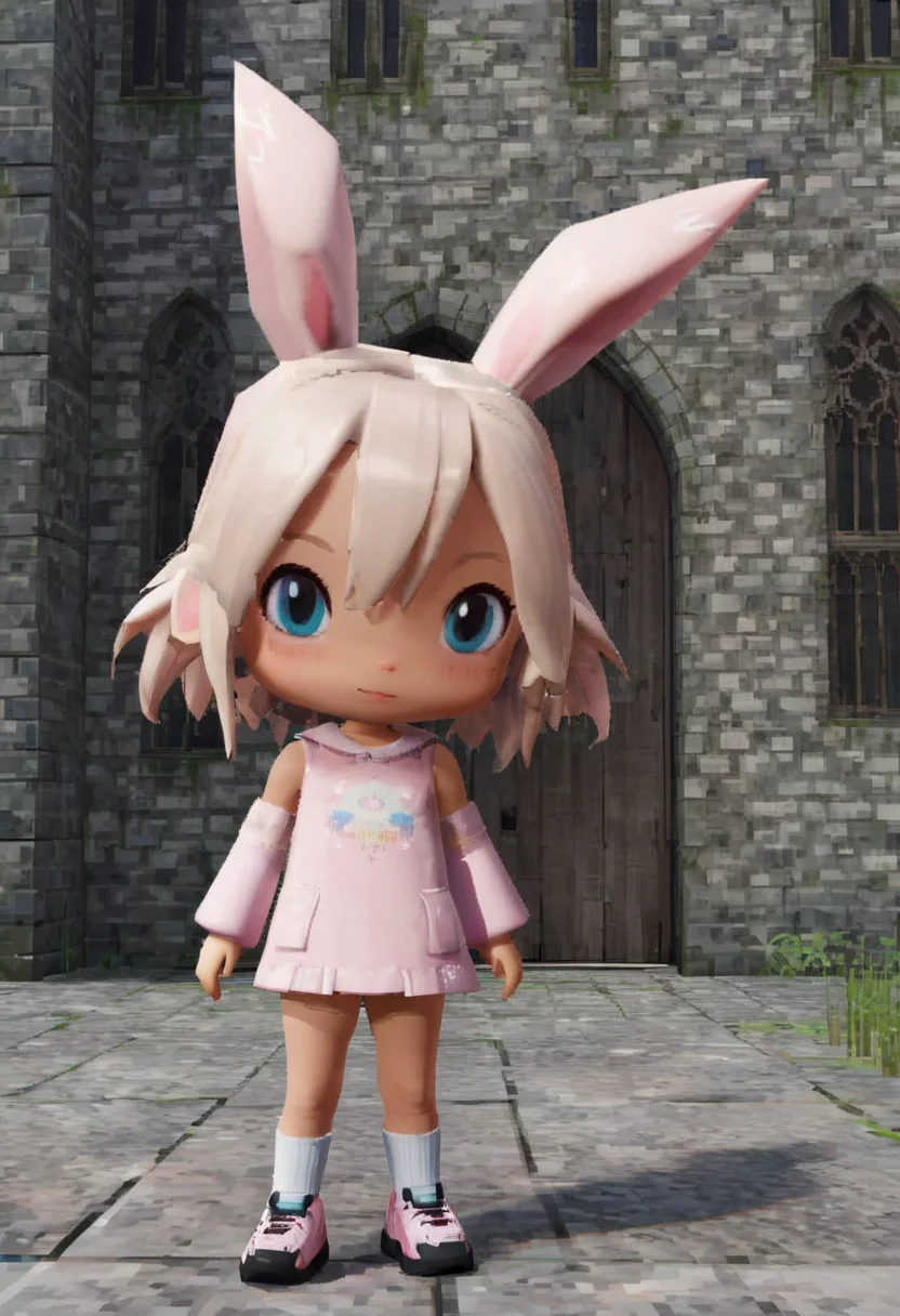 cute stylysed chibi girl character with rabbit ears standing inside a castle court, y2k3dnerdessence <lora:y2k3dnerdessence_v0.0.1:0.8>