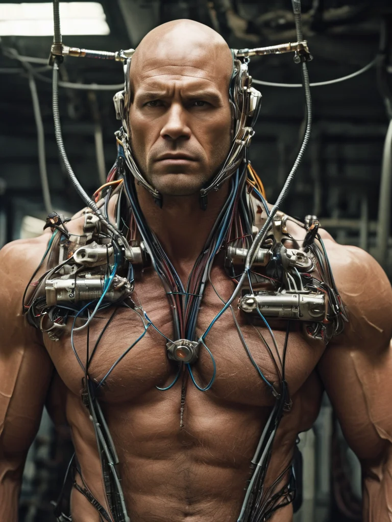 (((Perfect Face)))((cowboy shot)), (((masterpiece))), (((best quality))), ((ultra-detailed)), (highly detailed CG illustration), ((an extremely musculine and handsome)), cinematic light,(((1mechanical Ape))),solo,((upper torso musculine flesh hanging by wires)),((Hanging by wires and tubes)), (machine made joints:1.2),((machanical limbs)),(blood vessels connected to tubes),(mechanical vertebra attaching to back),((mechanical cervial attaching to neck)), ((realistic hair)), (standing), (wires and cables attaching to neck:1.2),(wires and cables on head:1.2),(character focus),science fiction, extreme detailed, colorful, highest detailed, trousers,kratosGOW_soul3142, Greek Male, Sexy Muscular,Game of Thrones,male,Movie Still,