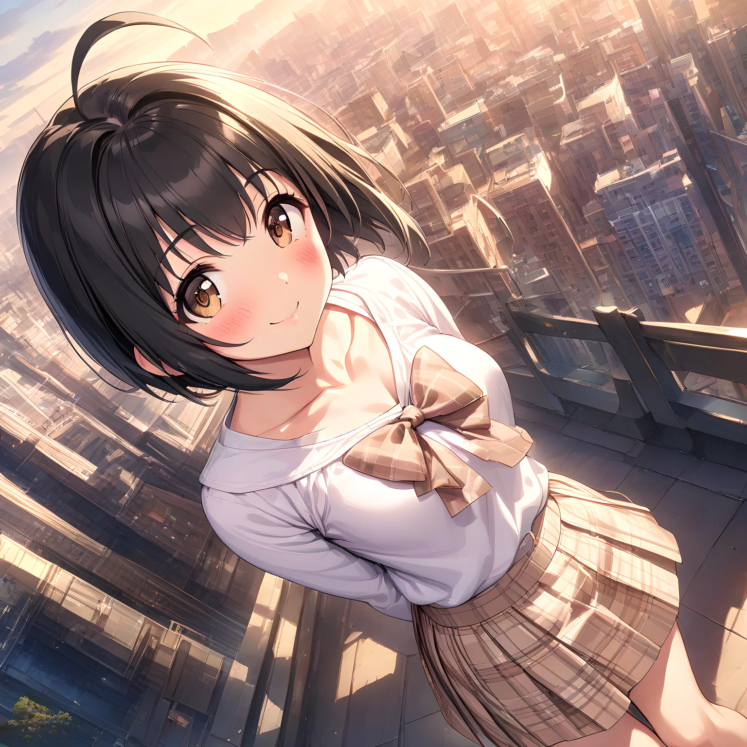 (masterpiece),(best quality),(ultra-detailed),(best illustration),(best shadow),(absurdres),(detailed background),(very aesthetic), miho kohinata, 1girl, solo, ahoge, black hair, smile, short hair, brown eyes, skirt, looking at viewer,city background, arms behind back, collarbone, bow, blush <lora:Miho_Kohinata:1>