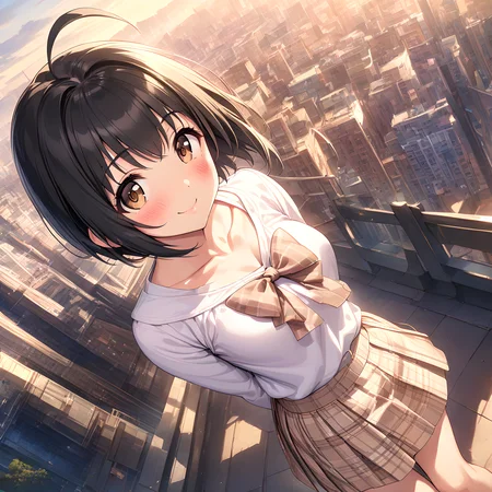 (masterpiece),(best quality),(ultra-detailed),(best illustration),(best shadow),(absurdres),(detailed background),(very aesthetic), miho kohinata, 1girl, solo, ahoge, black hair, smile, short hair, brown eyes, skirt, looking at viewer,city background, arms behind back, collarbone, bow, blush <lora:Miho_Kohinata:1>
