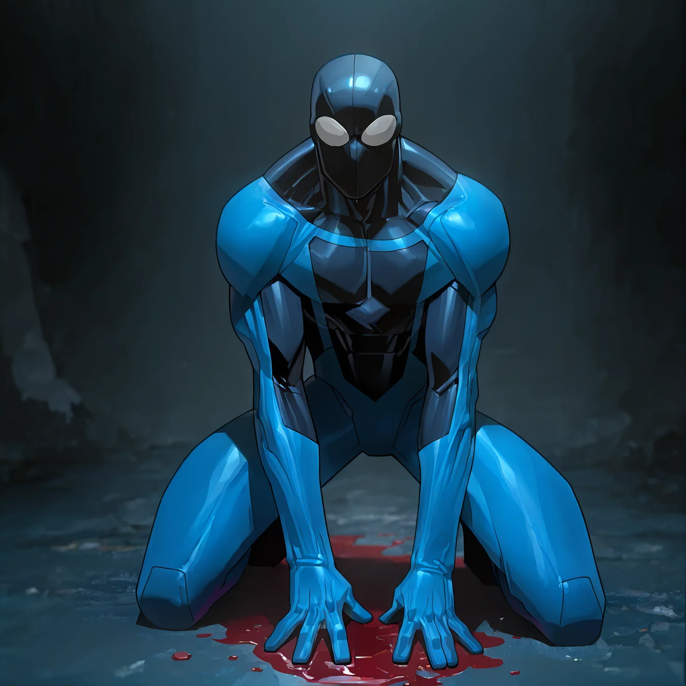1boy, male focus, (bloody blue bodysuit), solo, bloody mask, muscular, masterpiece, dynamic light, pose, muscular, ((covered in blood)), fighting pose, dark, (<lora:Phantom_Invincible:1>), <lora:ExpressiveH__Incase_Mixed_Style_v2_Illustrious_XL_by_UOC:1>, <lora:TodexV2:1>