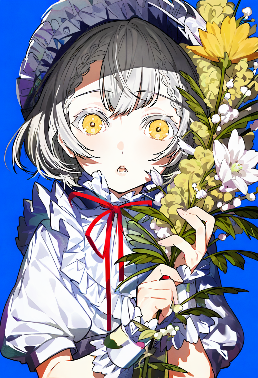 1girl, solo, flower, blue background, holding, yellow eyes, looking at viewer, upper body, grey hair, simple background, short sleeves, white flower, ribbon, braid, red ribbon, bangs, frills, parted lips, braided bangs, short hair, dress, puffy sleeves, hat, neck ribbon, wrist cuffs, yellow flower, shirt, open mouth, white shirt <lora:mikaXL_NBVP1_lokr_V6311PZ:0.95>