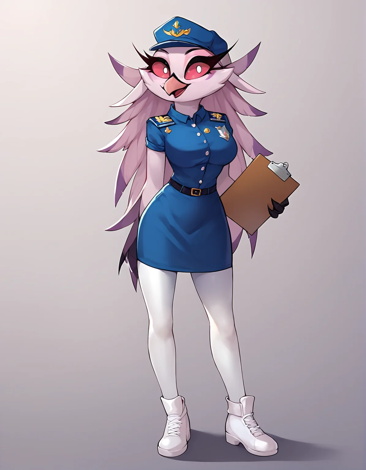 score_9, score_8_up, score_7_up, score_6_up, score_5_up, score_4_up, rating_safe, source_furry, female, cute anthro female, cute face, (nures uniform, white pantyhose, white shoes, skirt, nure cap:1.2) hospital, detailed background, looking at viewer, forunt view, (wide eyes:1.1), (standing:1.2), solo, solo focus, smile, happy, (holding clipboard, clipboard:1.1), stella,<lora:Stella_PDXL_V2_epoch_2:1>, beak, anthro