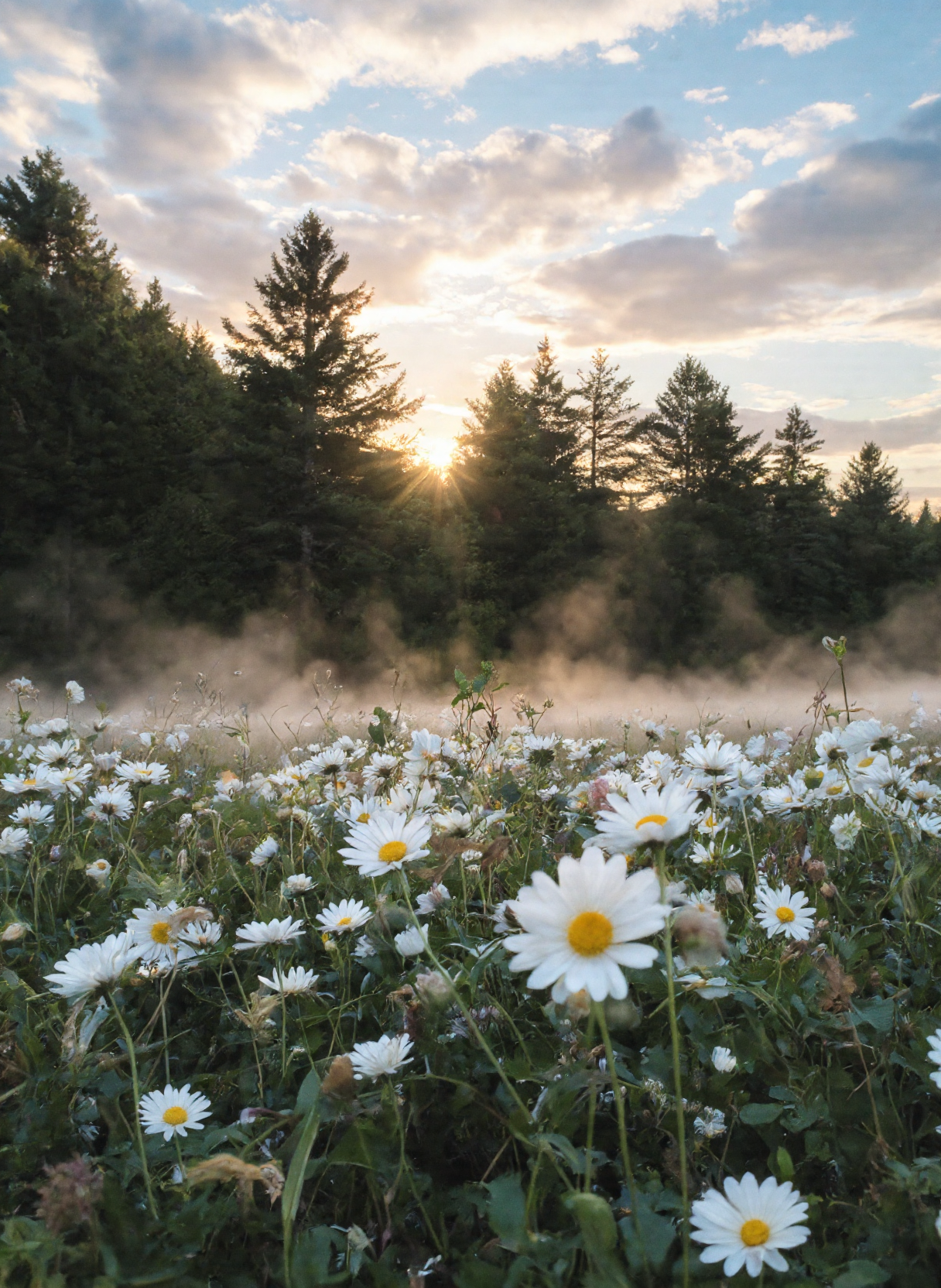 The image depicts a serene and picturesque landscape during what appears to be early morning or late evening, as indicated by the soft, warm light of the sun. The scene is dominated by a field of white daisies, which are in full bloom, covering the foreground and extending into the middle ground of the image. The daisies are interspersed with some green grass and other small plants, adding texture and depth to the field. In the background, there is a dense forest of tall evergreen trees, their dark green foliage contrasting with the lighter colors of the field. The trees are silhouetted against the sky, which is painted with hues of orange, pink, and blue, suggesting the time is either sunrise or sunset. A gentle mist or fog lingers in the air, adding a mystical and tranquil quality to the scene. The mist is more pronounced near the ground, where it softly envelops the daisies and other plants, creating a sense of depth and layering in the image. The overall atmosphere of the image is peaceful and calming, evoking a sense of natural beauty and tranquility. The interplay of light and shadow, along with the delicate mist, enhances the ethereal quality of the landscape. 