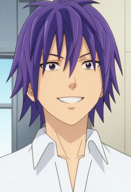 ((masterpiece)), ((best quality)), ((ultra-detailed)), score_9_up, score_8_up, score_7_up,
HD, top quality, best quality, High-quality illustrations, anime screencap, Reita Toritsuka, purple hair, hair down, purple eyes, handsome, attractive, happy, smiling, wearing white polo shirt