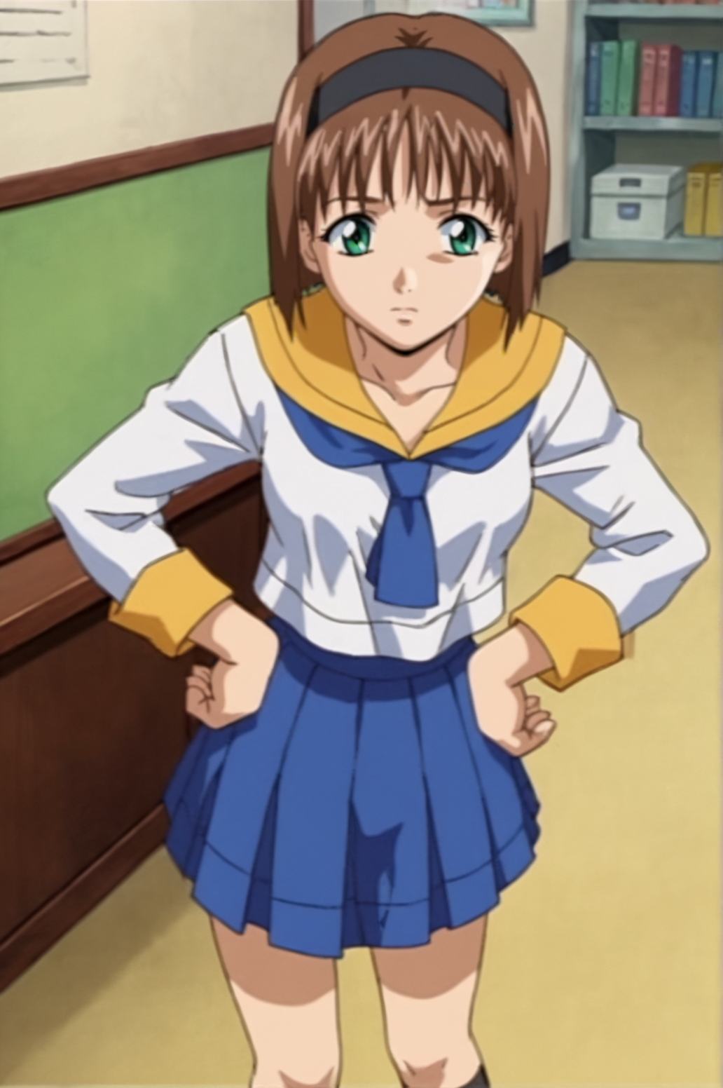 score_9, score_8_up, score_7_up,anime_source, source_anime, best background, detailed background, anime screencap,  Tomoko,school uniform, serafuku, skirt, cowboy shot, victory fingers, indoors, classroomn hands on hips, from above, indoors,  <lora:JN_Tomoko_Kitazawa:0.8>