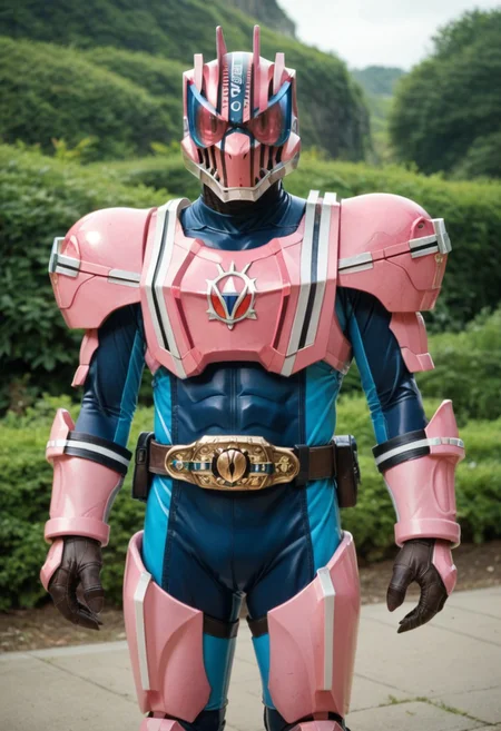 score_9, score_8, score_7, solo, armor, tokusatsu, bodysuit, helmet, rider belt, tyrannosaurus rex, pink armor, cyan bodysuit