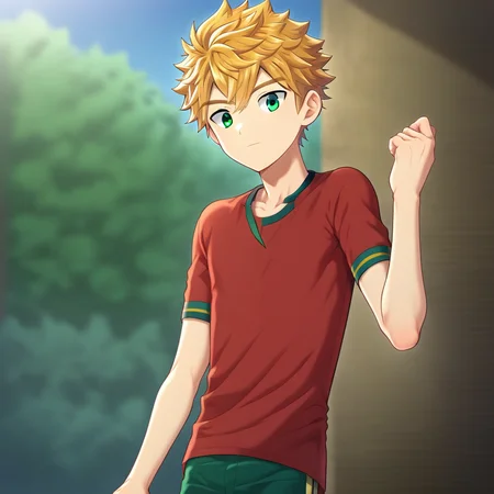 solo, 1boy, green eyes, blonde hair, solo focus, short hair, proportional, bangs