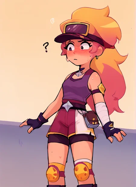 score_9, score_8_up, score_7_up, <lora:boamber:1>boamber ,1 girl , multicolored hair, long hair ,purple tank top, belt, yellow knee pads, shorts , skirt, shorts under skirt, visor cap, pink headwear, fingerless gloves, , confused, white Arm band, ??? ,sweat, blush, <lora:SyrupyyyArt:1>syrupyyy