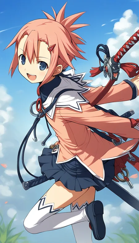 score_9, score_8_up, score_7_up, source_anime, rating_explicit, BREAK <lora:Aera_Colthearts_XL:1> Aera_Colthearts, blue eyes, hair ornament, pink hair, hairclip, short hair,
1girl, solo, thighhighs, weapon, sword, white thighhighs, zettai ryouiki, skirt, explosive, pink long sleeves, dark blue skirt,
smile, open mouth,
blue sky, outdoor,