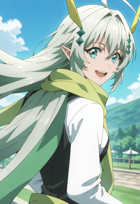 score_9,score_8_up,score_7_up,source_anime, AERIAL_(ISEKAI_CHEAT_MAGICIAN),1girl,solo,looking at viewer,smile,open mouth,hair ornament,upper body,:d,sky,looking back,from behind,scarf,