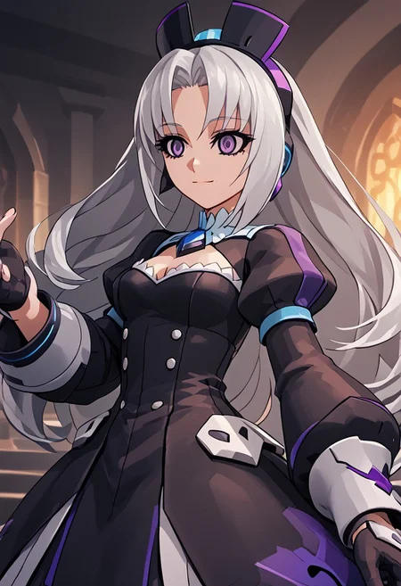 score_4,score_5,score_6,score_7_up,score_8_up,score_9 ((masterpiece,best quality,ultra detailed,highres,HD,4k:1.2)),
Azure Striker Gunvolt(Main),shining highlights,
1girl, solo, girl forcus,solo forcus
Elise(V2),grey hair,long hair,Forehead,parted bangs,purple eyes,Strong-willed, strong-willed woman, sharp eyes, slanted eyes,
long_sleeves, gloves, dress, cleavage,black_gloves, puffy_sleeves, black_thighhighs, black_dress, clothing_cutout, cleavage_cutout, juliet_sleeves, vambraces,
smile,light smile,