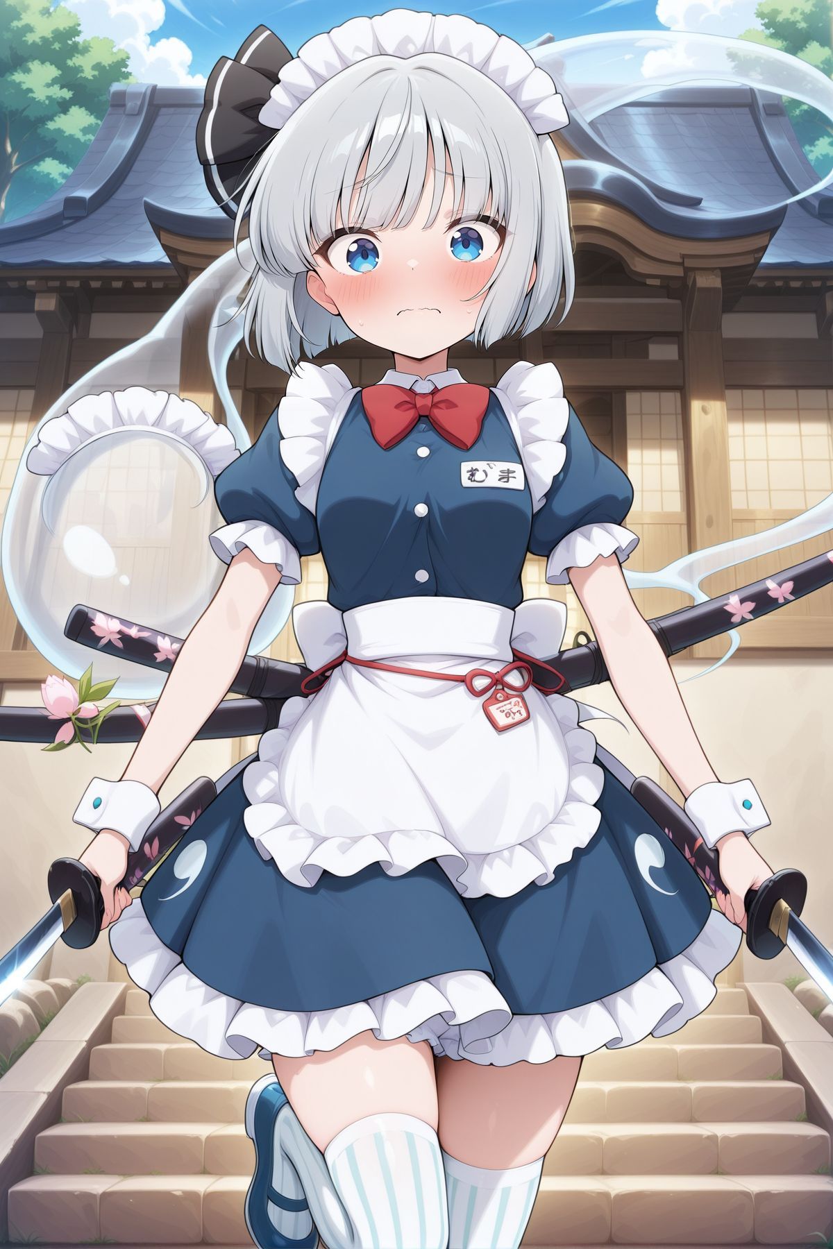 absurdres, highres, masterpiece, best quality, amazing quality, official anime artwork, screencap, anime screencap, outdoors, looking at viewer, blush, wavy mouth, 
 <lora:Youmu-Konpaku_IllustriousV2:1> konpaku youmu, 1girl, solo, blue eyes, grey hair, short hair,, youmu \(shivering maid samurai\), alternate costume, maid headdress, red bowtie, maid dress, blue dress, wrist cuffs, name tag, puffy short sleeves, white apron, waist apron, white thighhighs, vertical-striped thighhighs, blue shoes, dual wielding, sheath, katana, ghost,