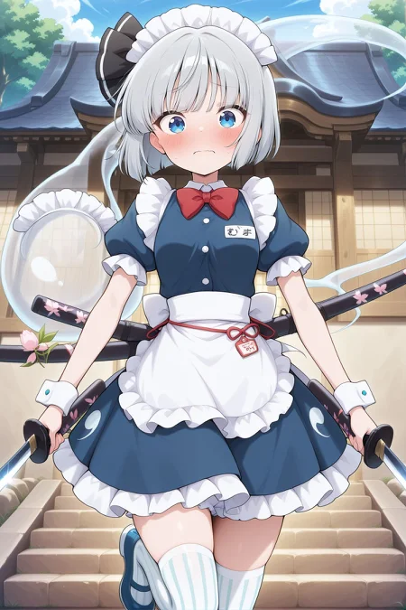 absurdres, highres, masterpiece, best quality, amazing quality, official anime artwork, screencap, anime screencap, outdoors, looking at viewer, blush, wavy mouth, 
 <lora:Youmu-Konpaku_IllustriousV2:1> konpaku youmu, 1girl, solo, blue eyes, grey hair, short hair,, youmu \(shivering maid samurai\), alternate costume, maid headdress, red bowtie, maid dress, blue dress, wrist cuffs, name tag, puffy short sleeves, white apron, waist apron, white thighhighs, vertical-striped thighhighs, blue shoes, dual wielding, sheath, katana, ghost,